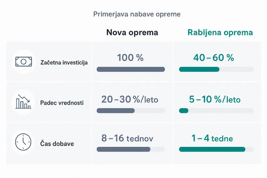 Infografika s primerjavo finančnih kazalnikov in prednosti nakupa rabljene industrijske opreme v primerjavi z novo.